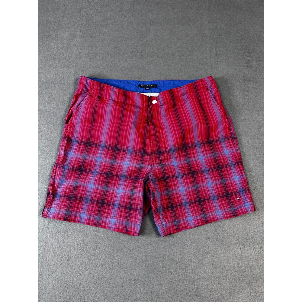 Tommy Hilfiger Men's Red Blue Plaid Striped Swim Trunks Board Shorts XXL